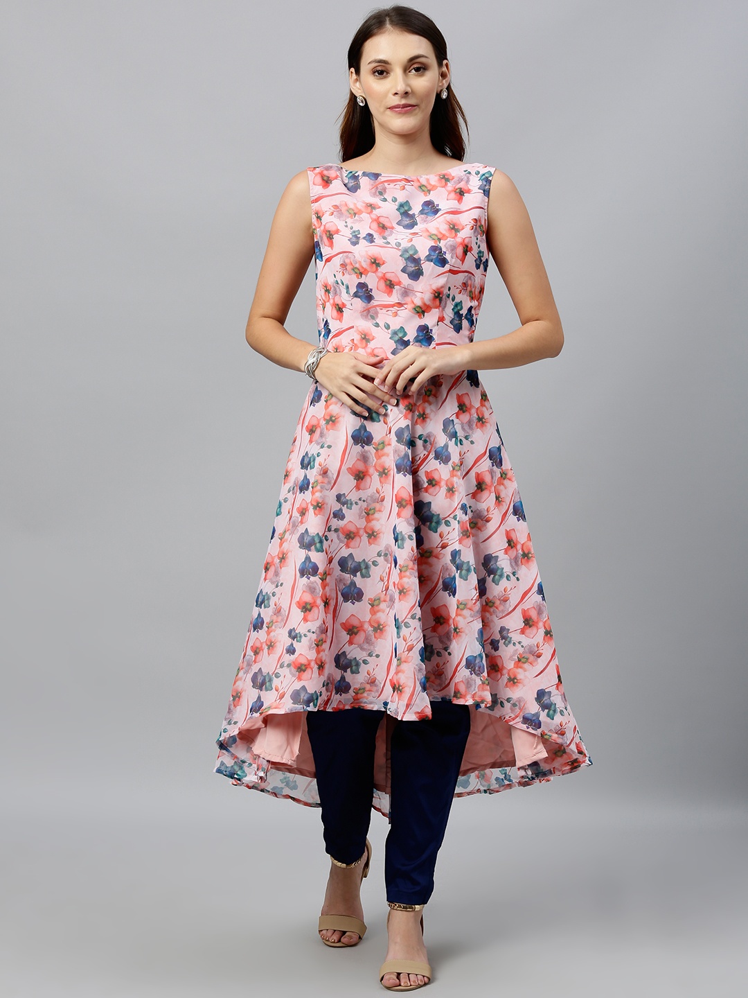 

Ethnovog Women Pink Navy Blue Printed Made To Measure Kurta with Trousers