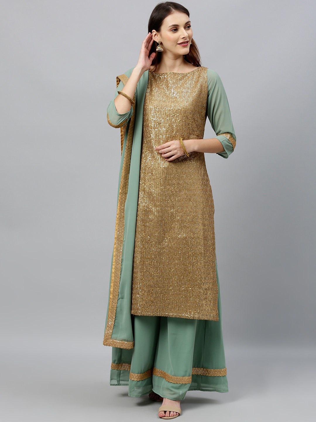 

Ethnovog Women Gold-Toned Green Made To Measure Embellished Kurta Set