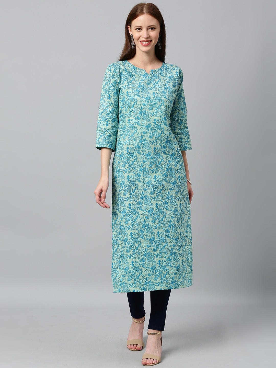 

GoSriKi Women Sea Green & Blue Floral Printed Straight Kurta