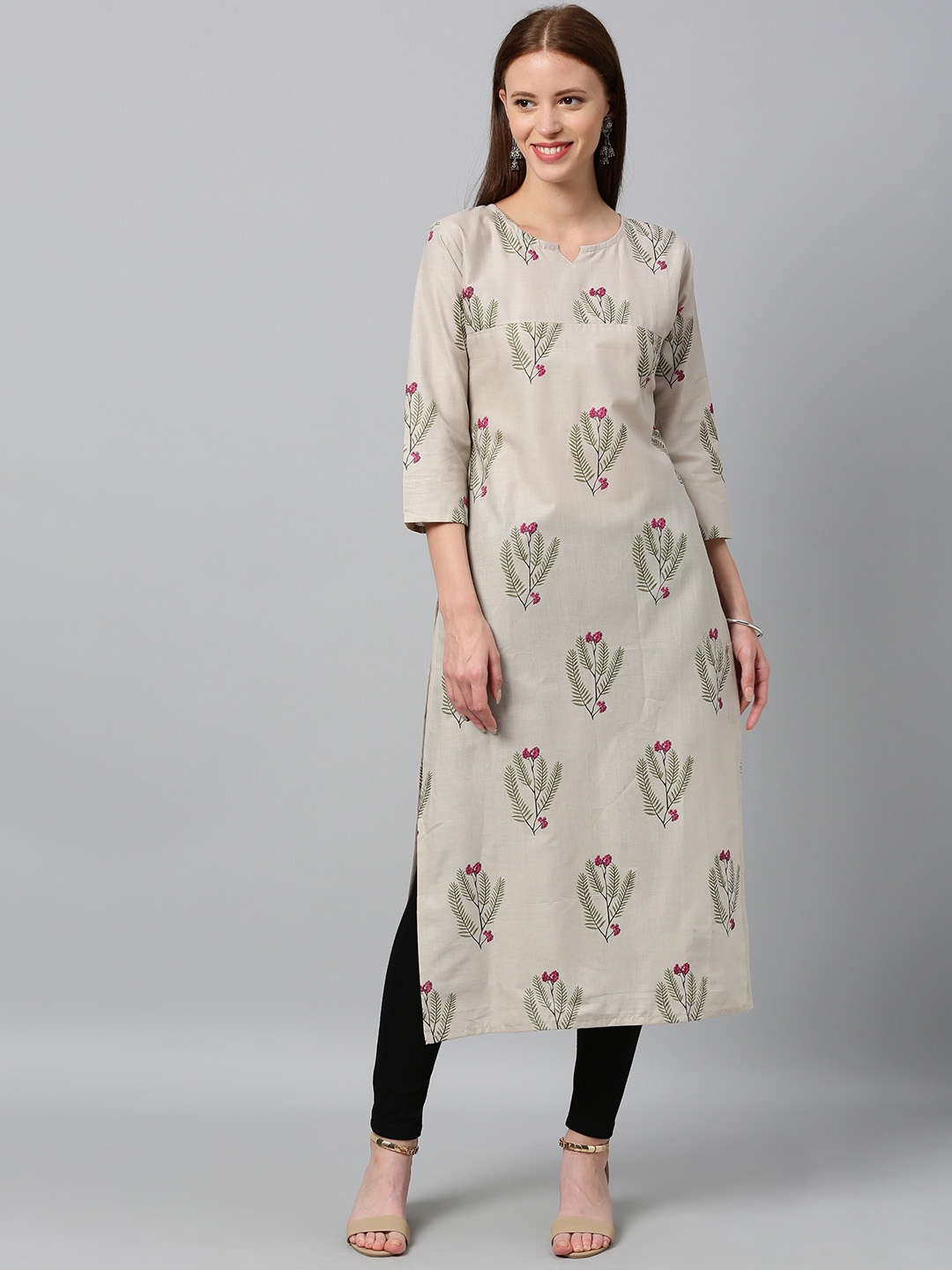 

GoSriKi Women Beige & Green Floral Printed Straight Kurta