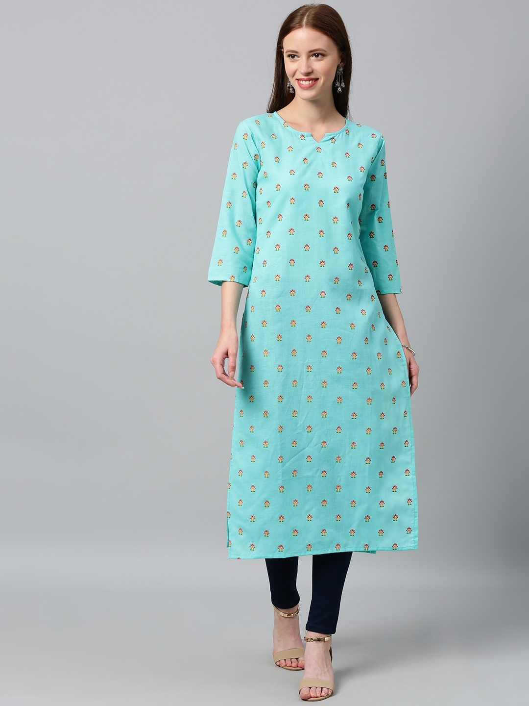 GoSriKi Women Blue & Red Floral Printed Straight Kurta