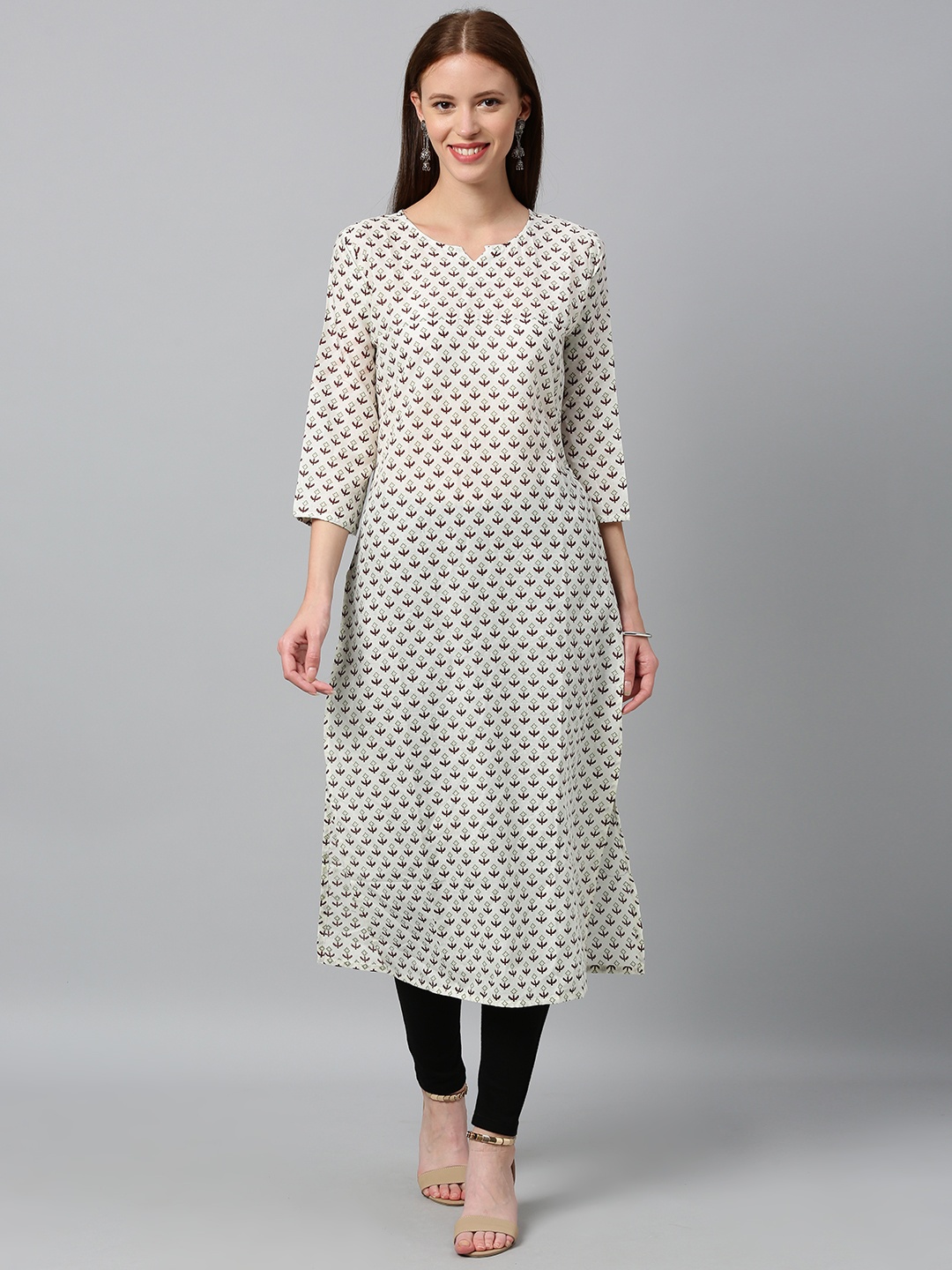 

GoSriKi Women White & Brown Printed Straight Kurta