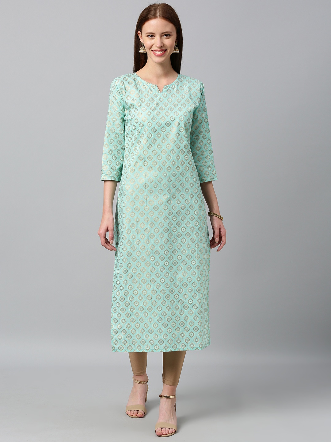 

GoSriKi Women Sea Green & Gold-Toned Foil Printed Straight Kurta