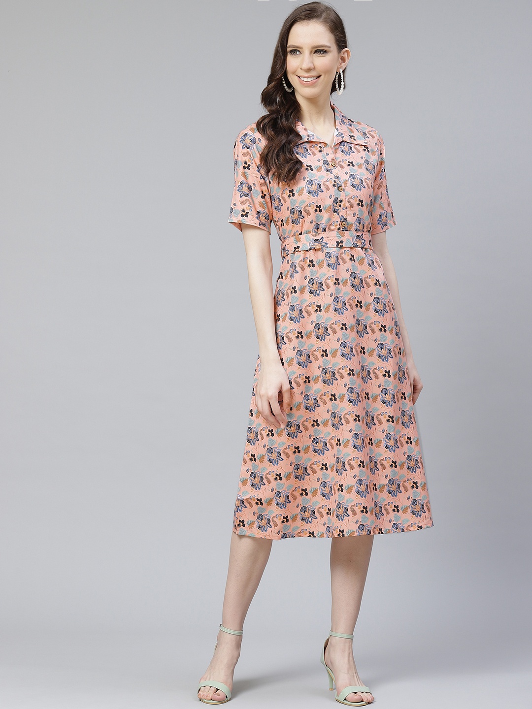 

ZIYAA Women Peach-Coloured & Blue Floral Print Shirt Dress