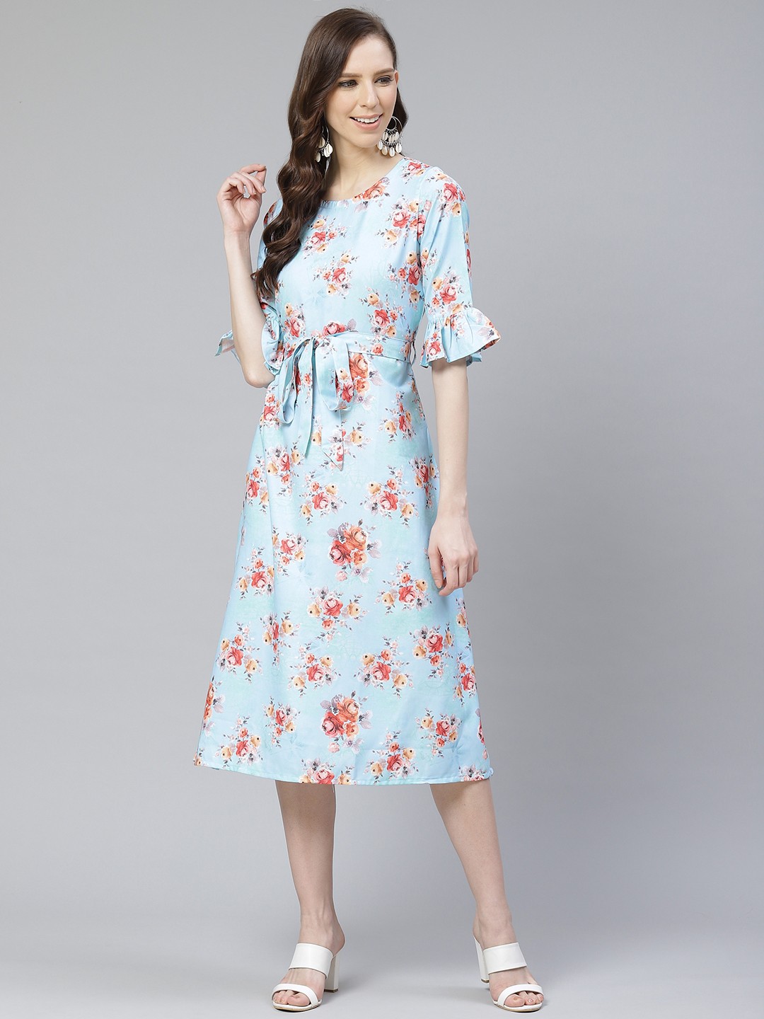 

ZIYAA Women Blue & Red Floral Print A-Line Dress