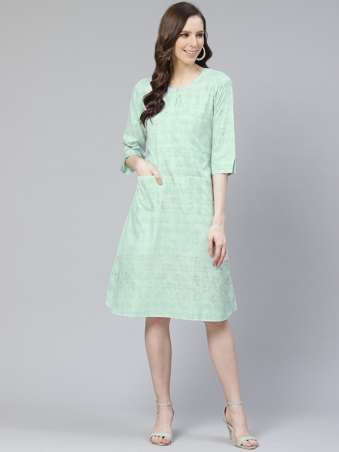 

ZIYAA Women Green & Golden Checked A-Line Dress