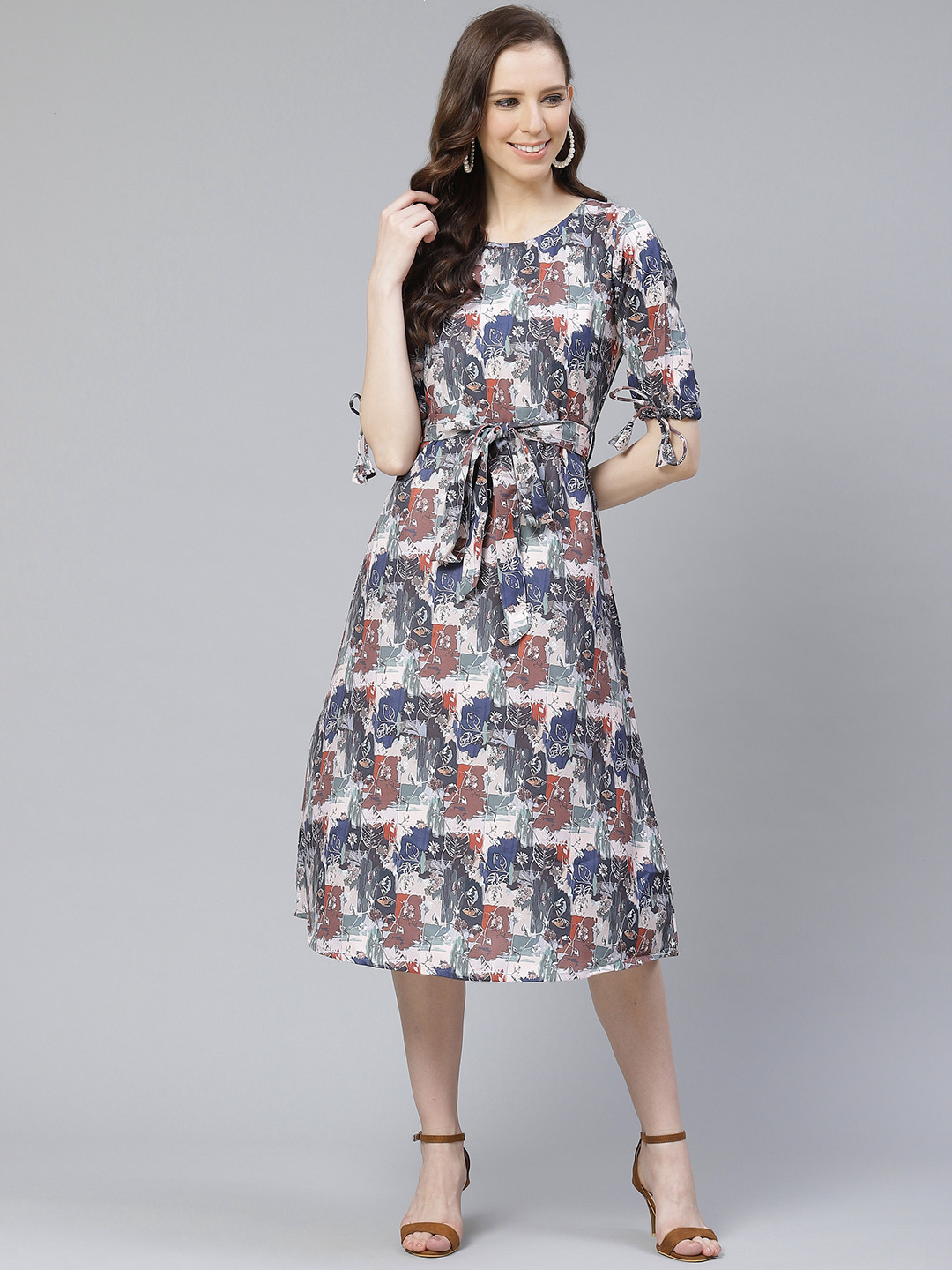 

ZIYAA Women Blue & Rust Red Printed A-Line Dress