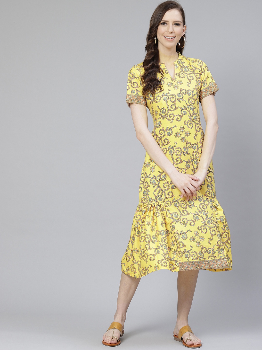 

ZIYAA Women Mustard Yellow & Green Digital Printed A-Line Dress
