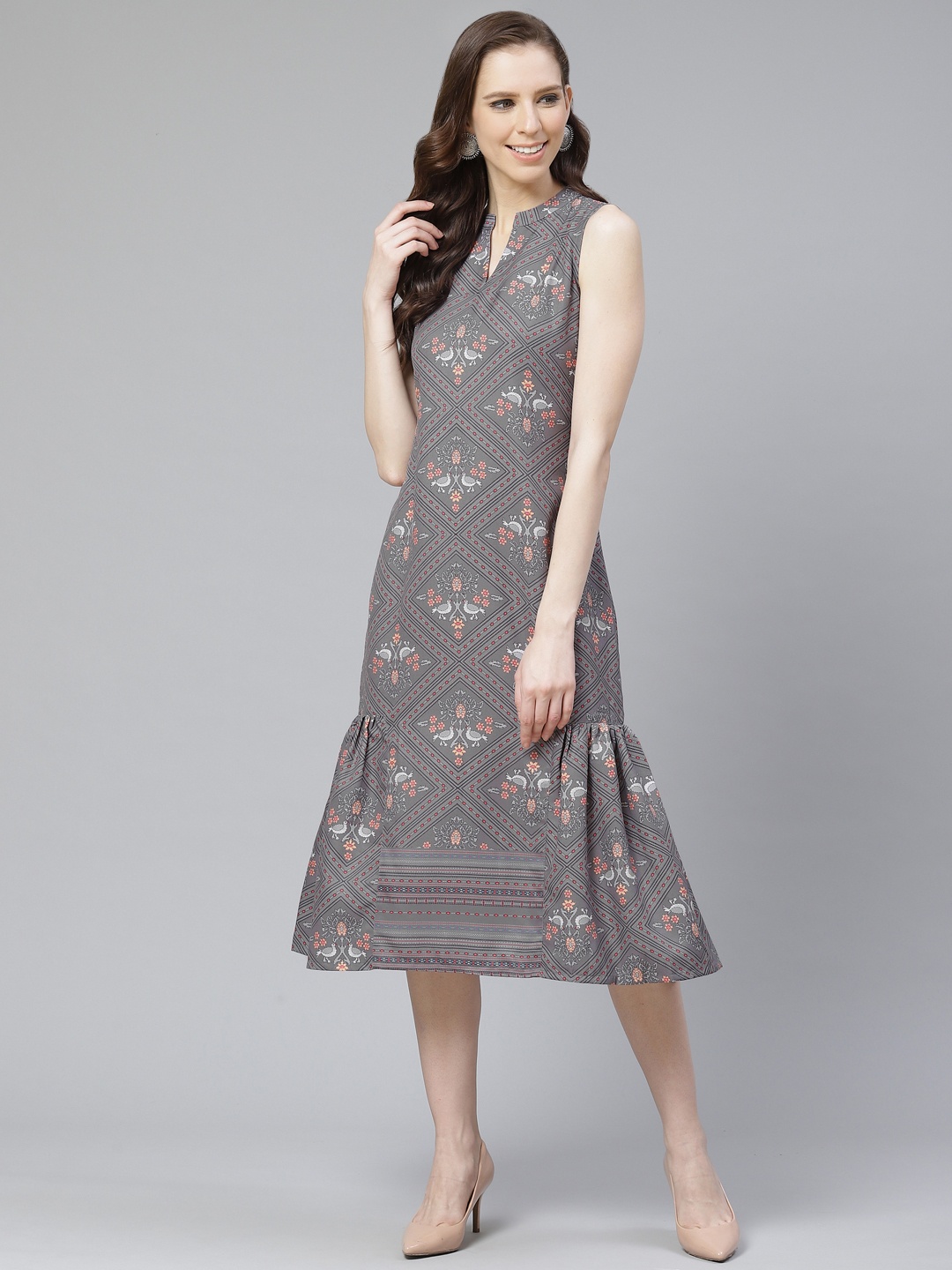 

ZIYAA Women Charcoal Grey & Red Digital Printed A-Line Dress
