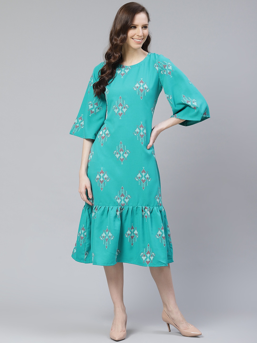 

ZIYAA Women Teal Green & Red Foil Printed A-Line Dress