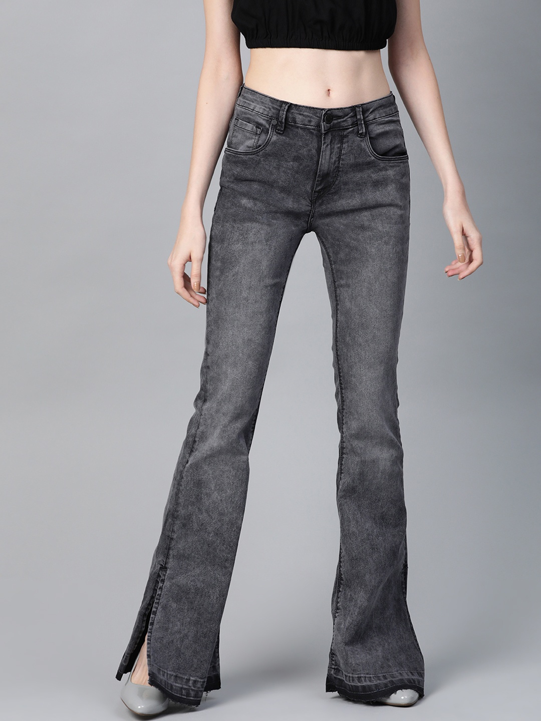 

HERE&NOW Women Charcoal Grey Flared Mid-Rise Clean Look Stretchable Bootcut Jeans