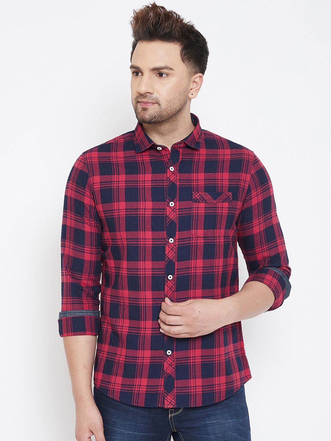 

Canary London Men Navy Blue & Red Slim Fit Checked Shirt