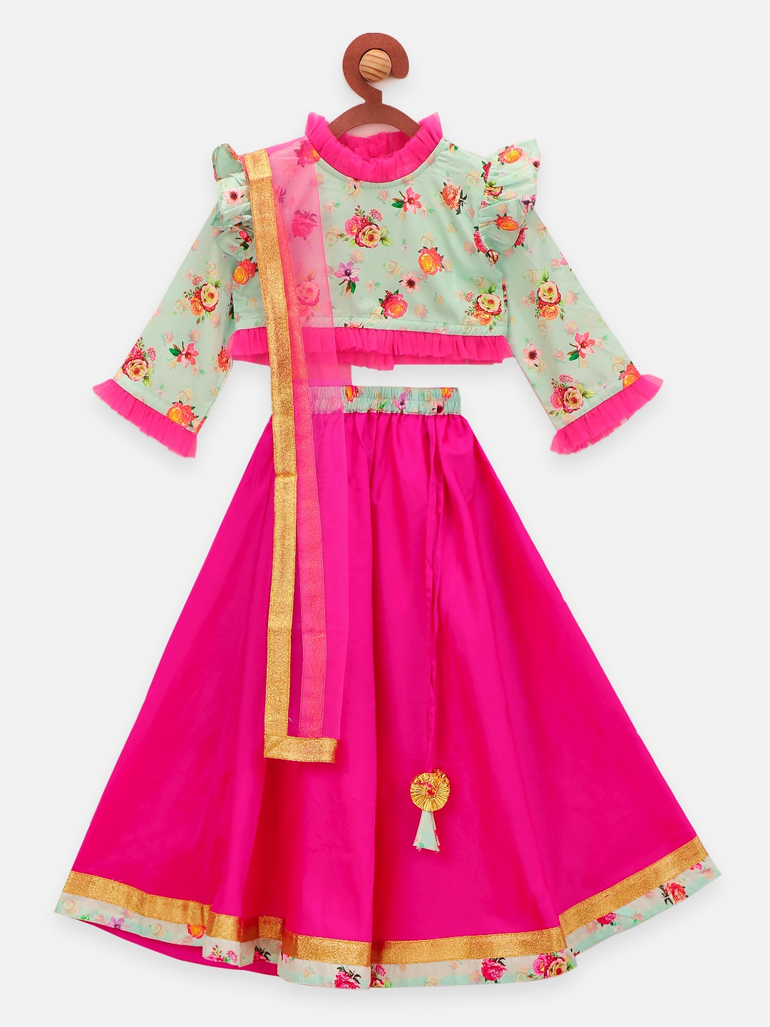 

LilPicks Girls Green & Pink Printed Ready to Wear Lehenga & Blouse with Dupatta
