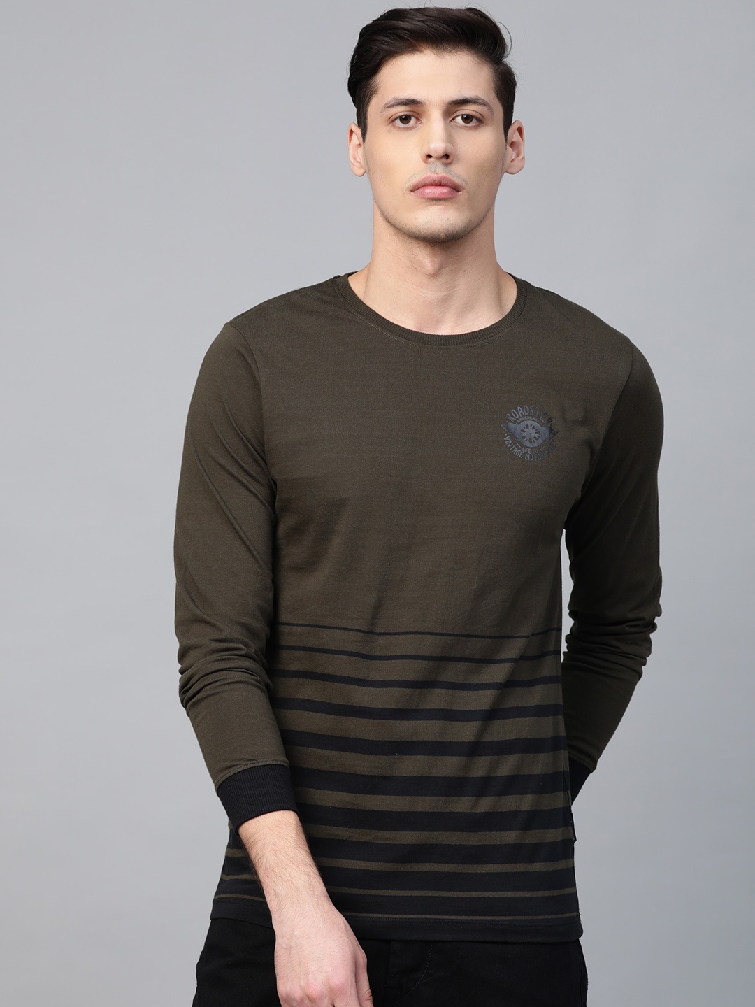 

Roadster Men Olive Green & Black Striped Round Neck T-shirt