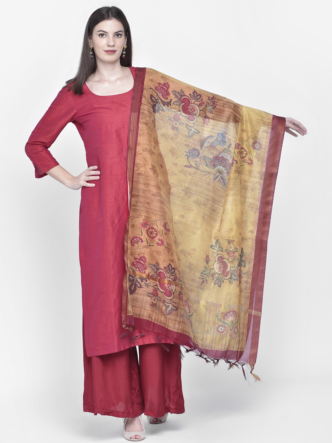 

Dupatta Bazaar Mustard Yellow & Red Floral Print Dupatta