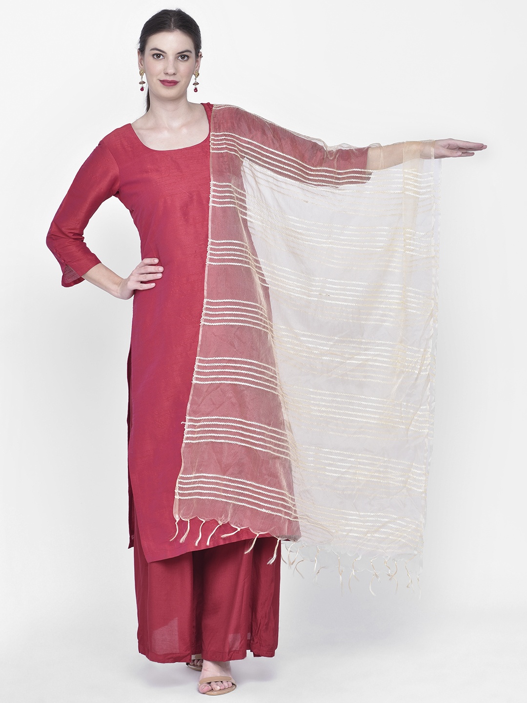 

Dupatta Bazaar Beige Striped Organza Dupatta