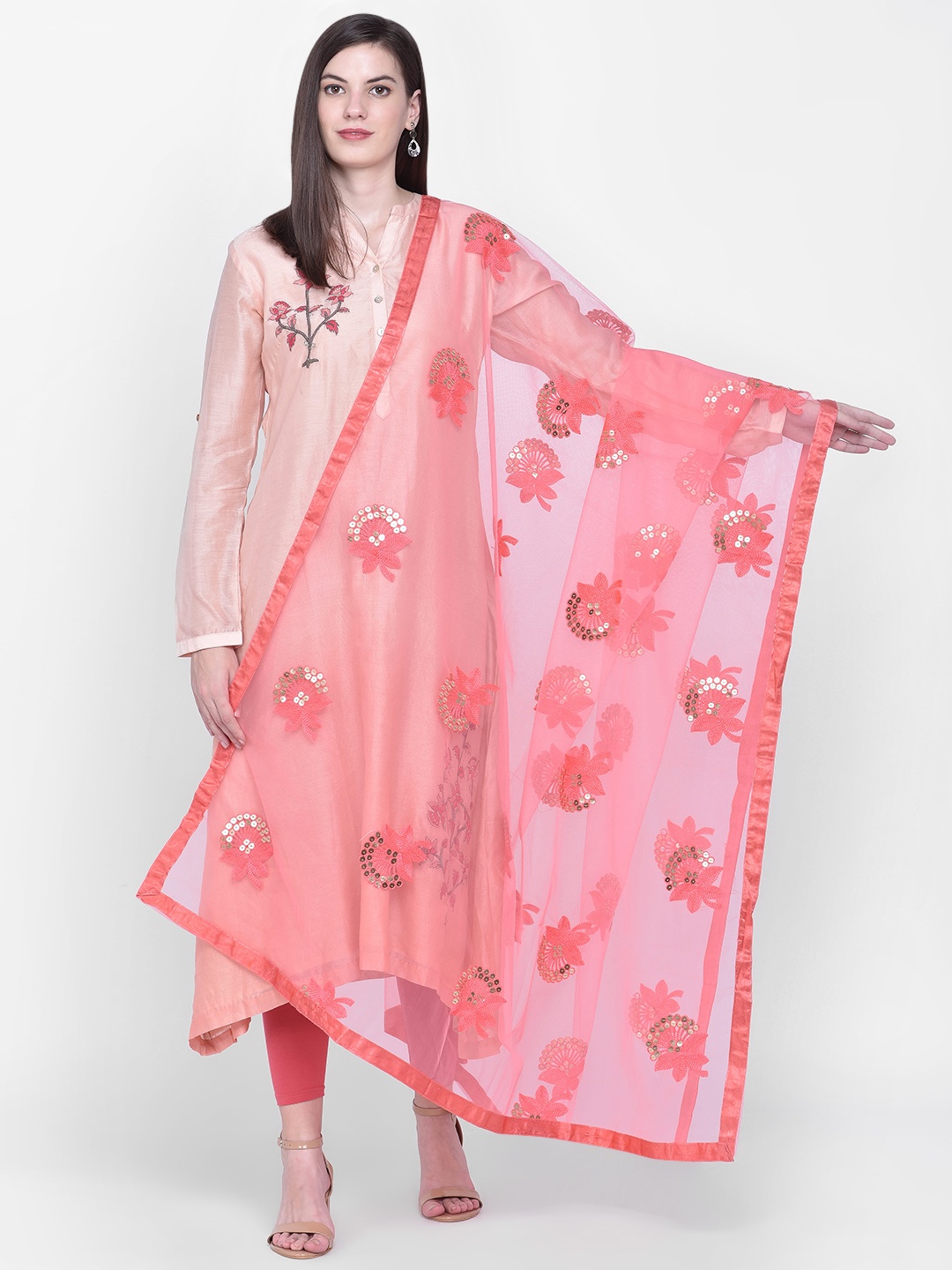 

Dupatta Bazaar Coral Red Embroidered Sequinned Dupatta