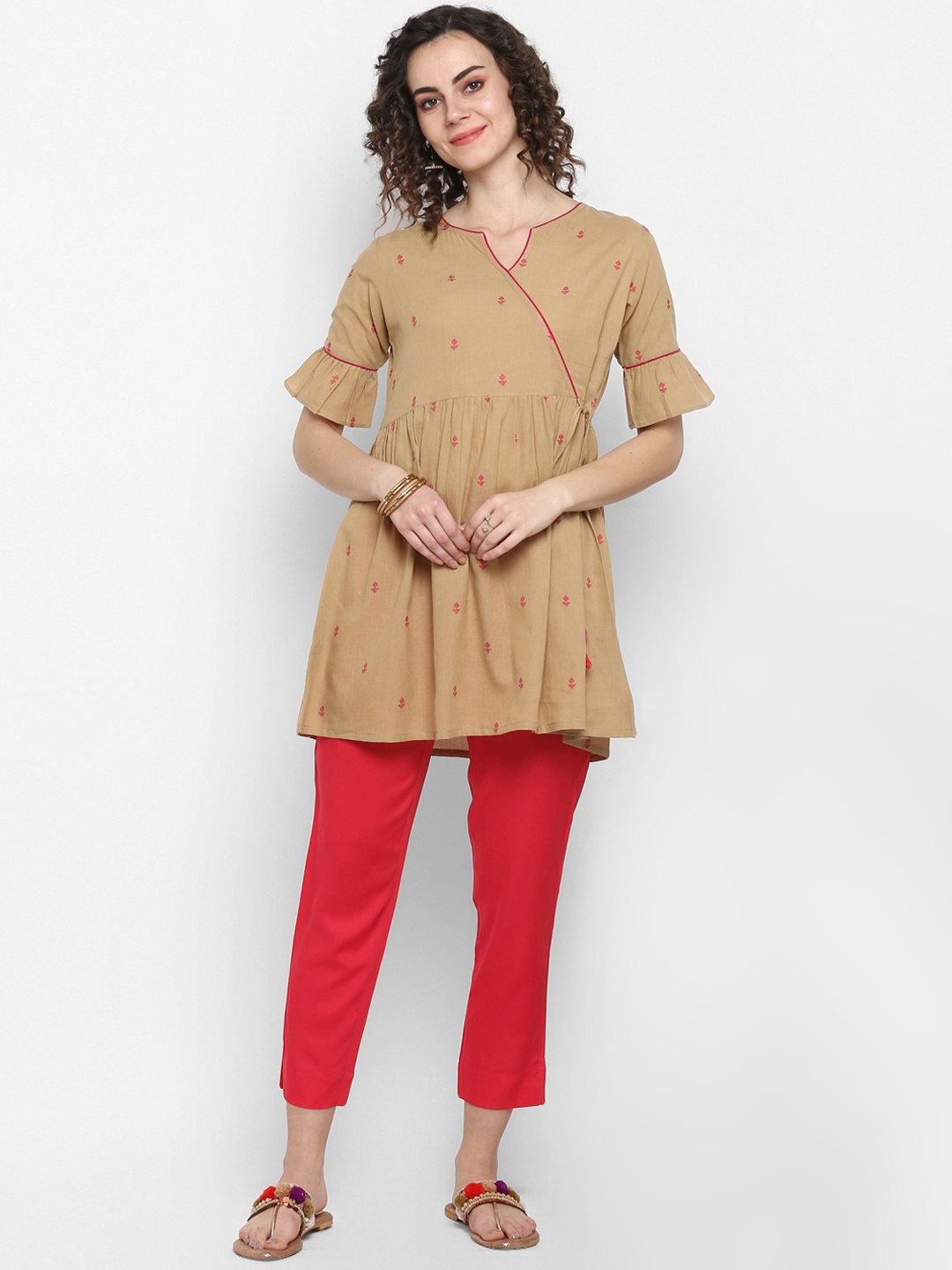 

Janasya Women Beige Embroidered Wrap Pure Cotton Top