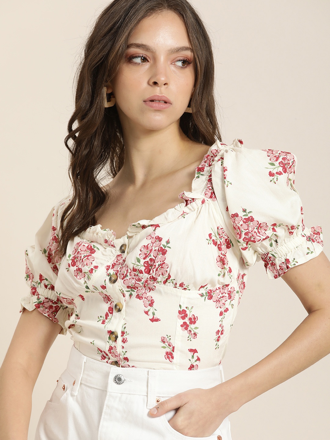 

Moda Rapido White & Pink Floral Print Sweetheart Neck Blouson Crop Top