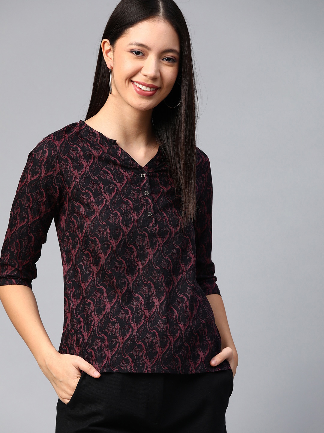 

HERE&NOW Women Black & Burgundy Printed Top