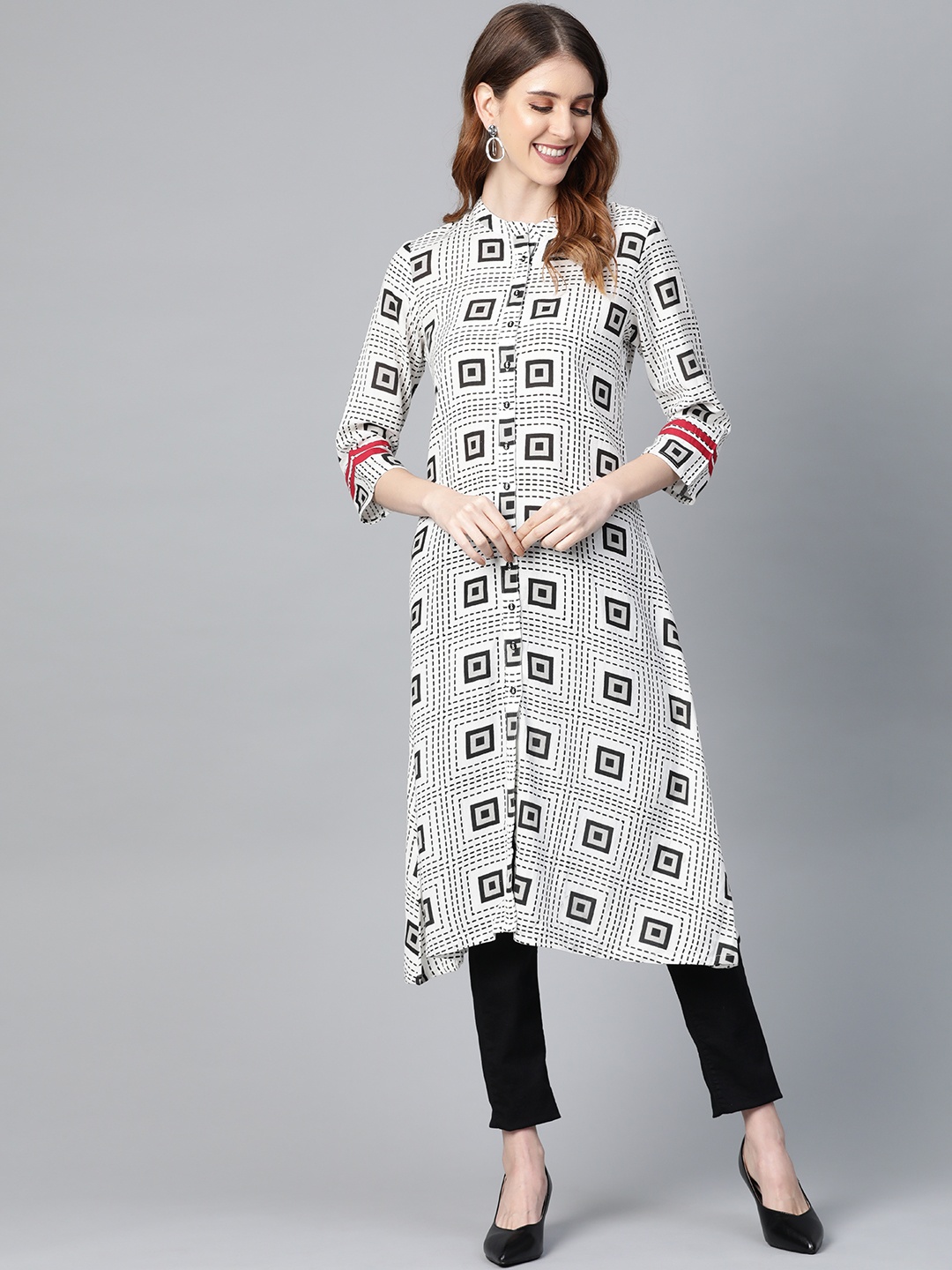 

HERE&NOW Women White & Black Printed A-Line Kurta