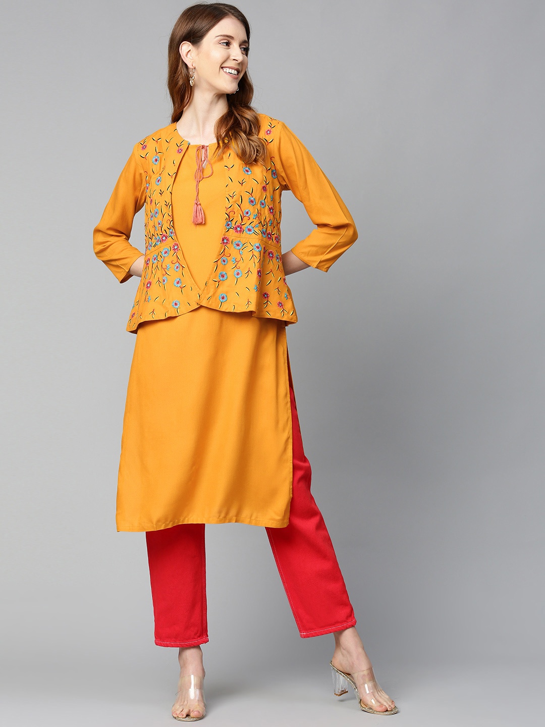 

HERE&NOW Women Mustard Yellow Solid Straight Kurta with Ethnic Jacket