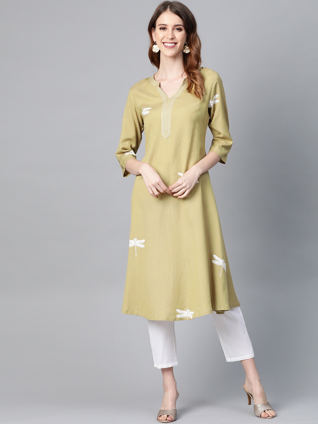 

HERE&NOW Women Green & Off-White Printed A-Line Kurta