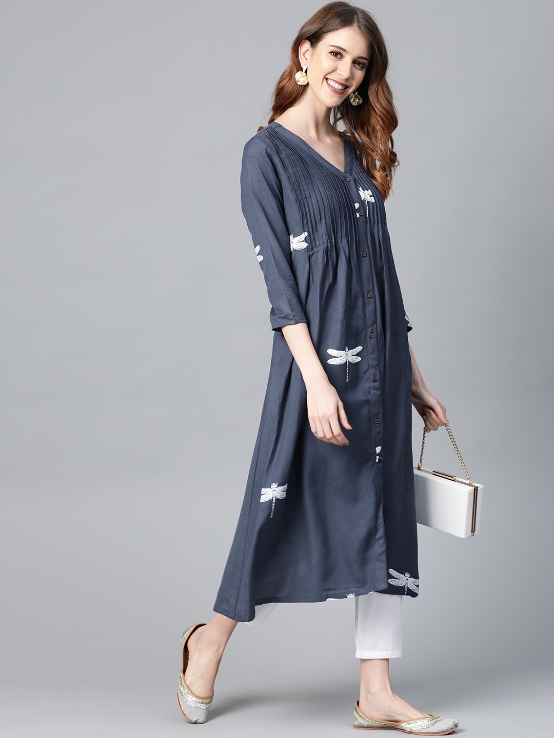 

HERE&NOW Women Navy Blue & White Printed A-Line Kurta