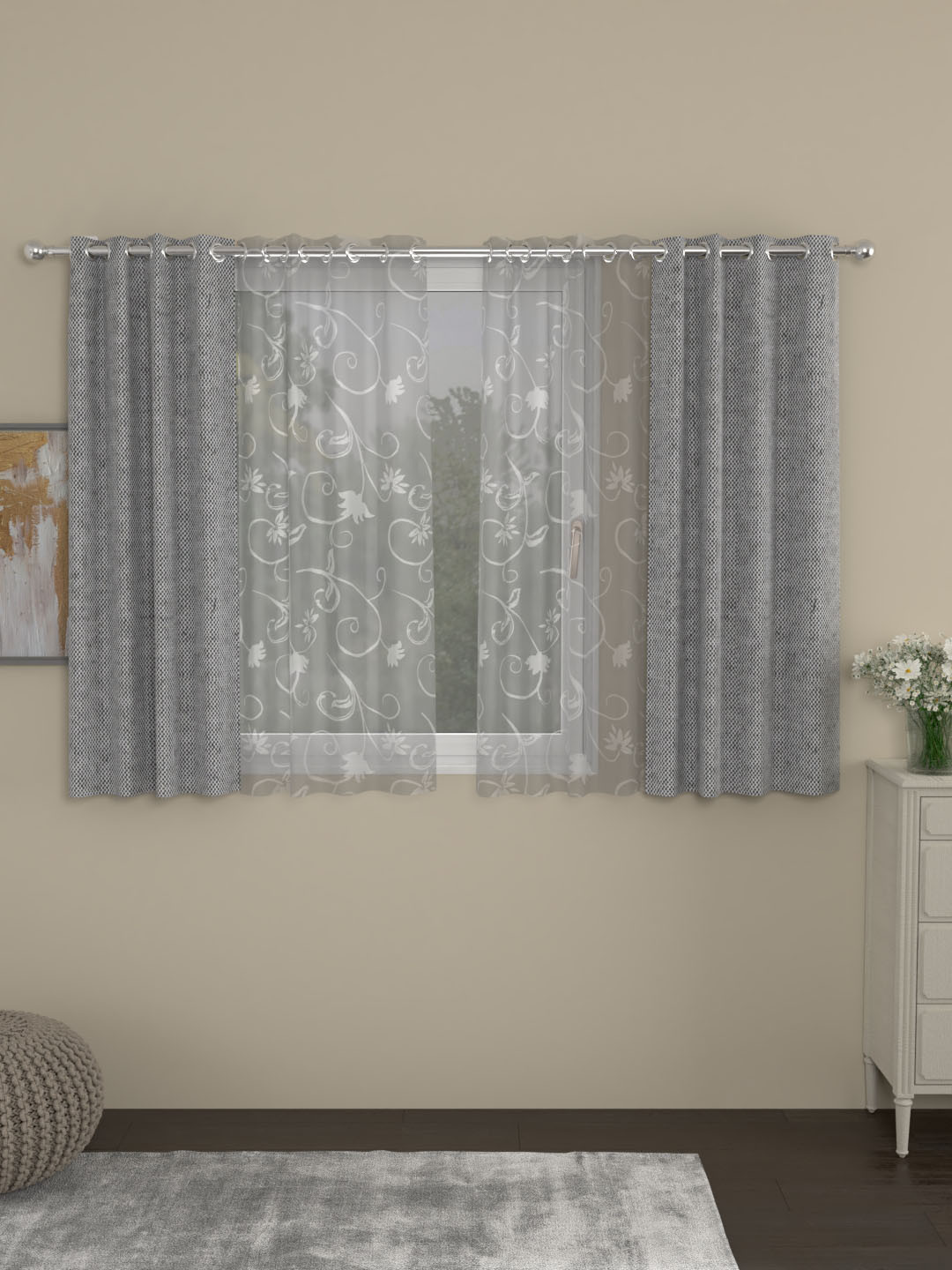 

ROSARA HOME Set of 4 Grey & White Window Curtains