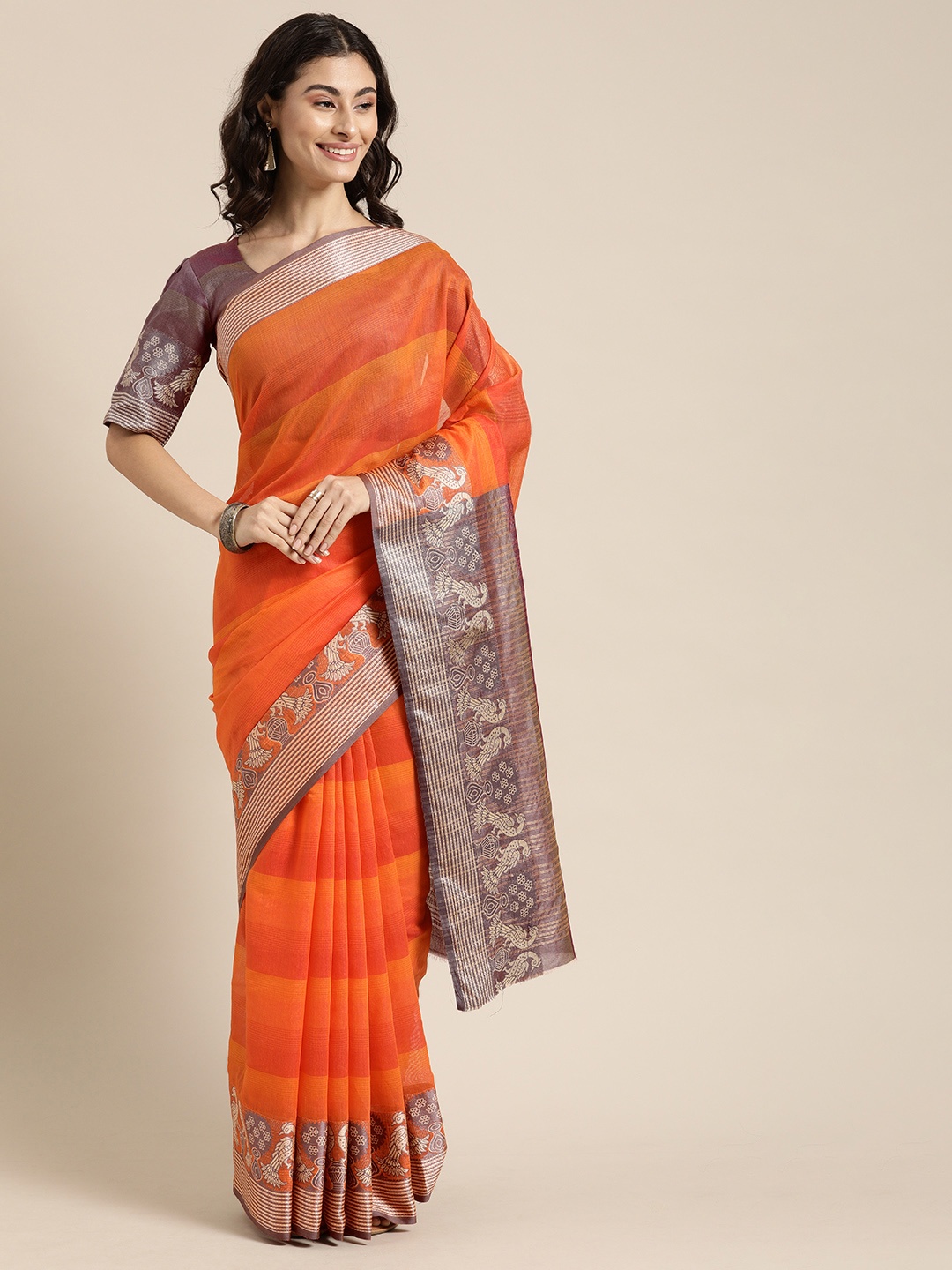 

Kvsfab Orange Striped Silk Cotton Saree