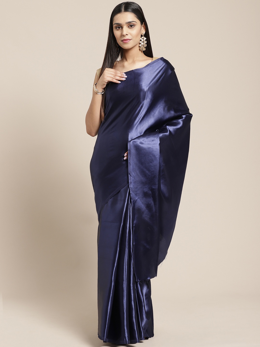 

SHAVYA Navy Blue Solid Satin Saree