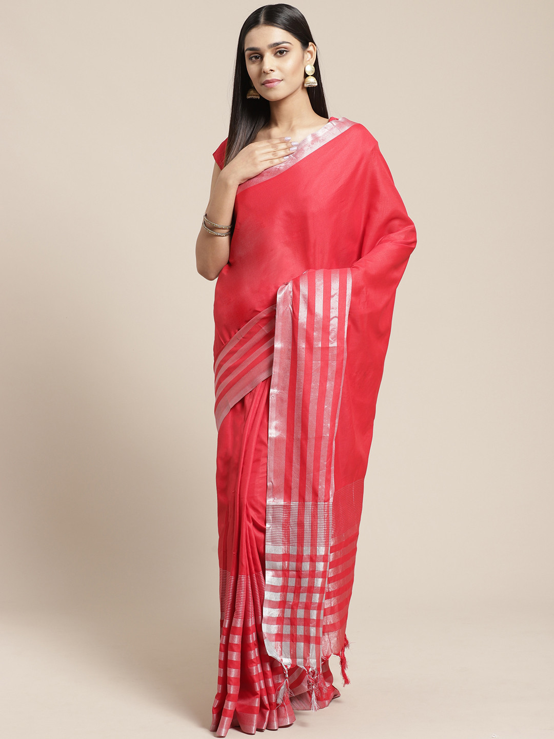 

SHAVYA Red Solid Pure Cotton Saree