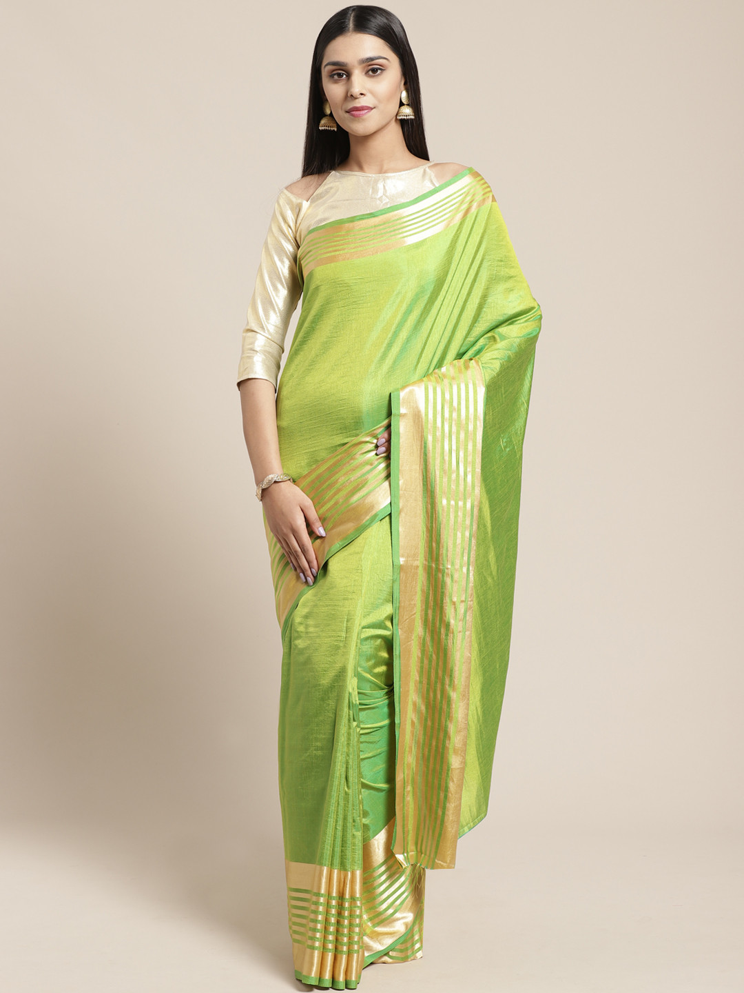 

SHAVYA Green & Golden Solid Saree
