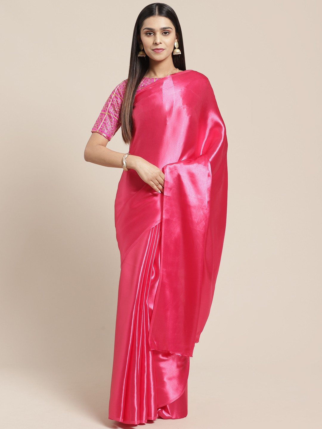 

SHAVYA Pink Solid Satin Saree
