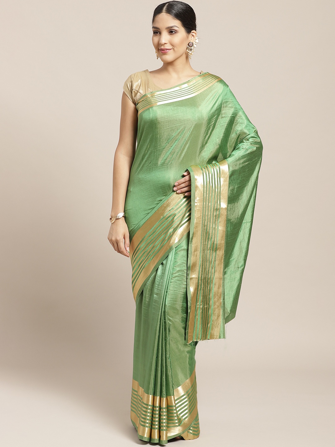 

SHAVYA Green & Golden Solid Saree