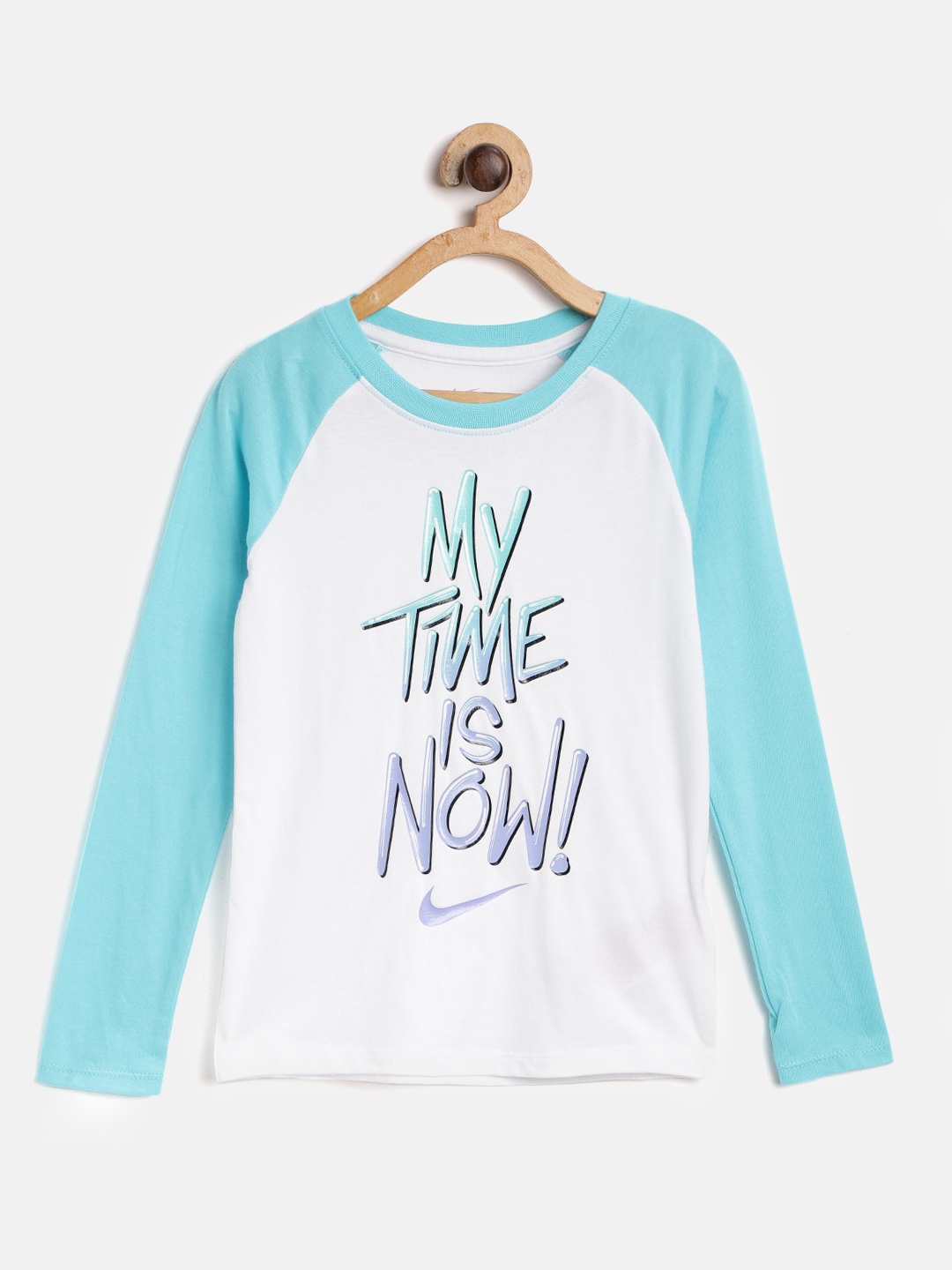 

Nike Girls White & Blue My Time To Shine Printed Round Neck T-shirt