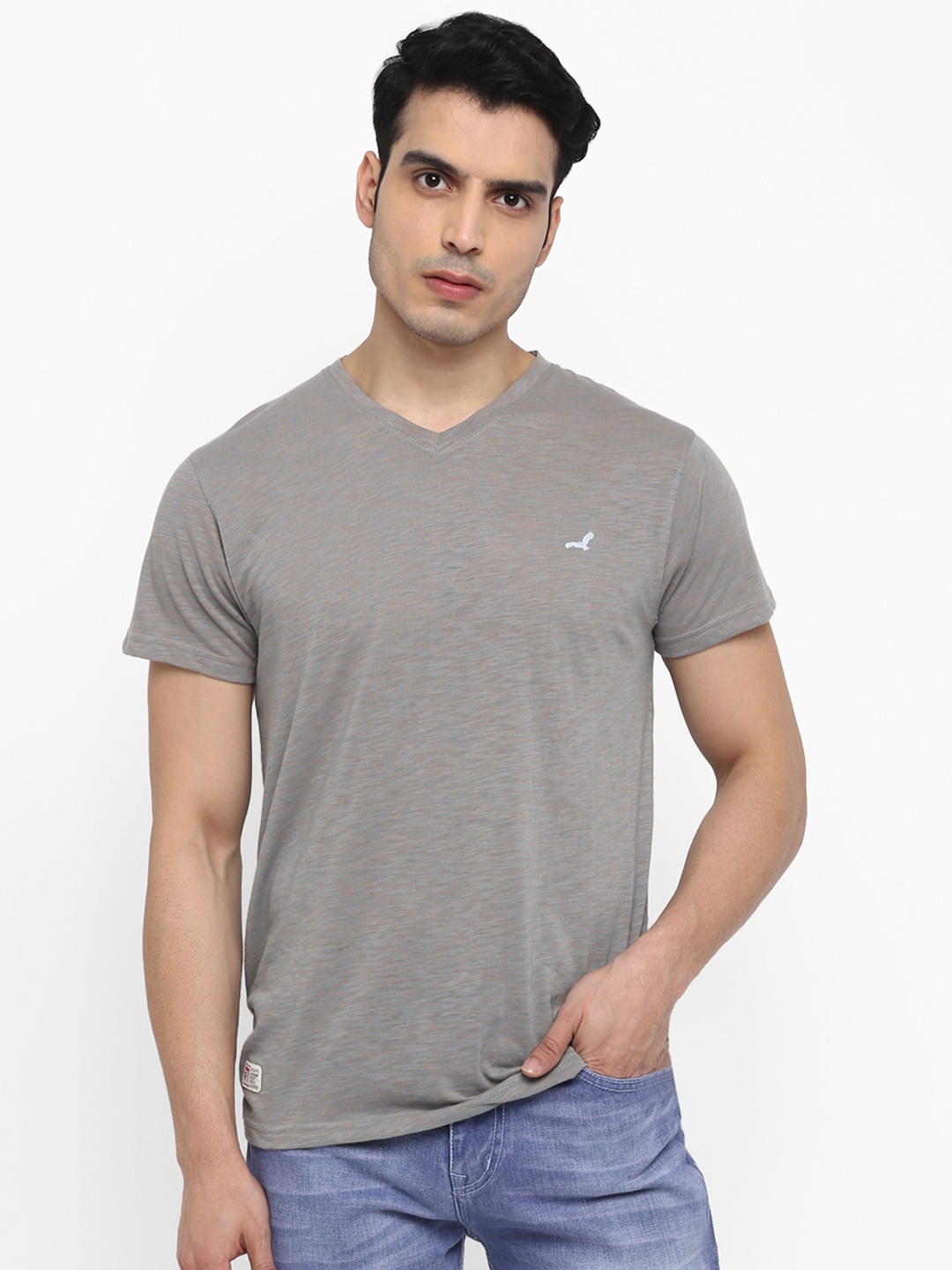 

American Crew Men Grey V-Neck T-shirt