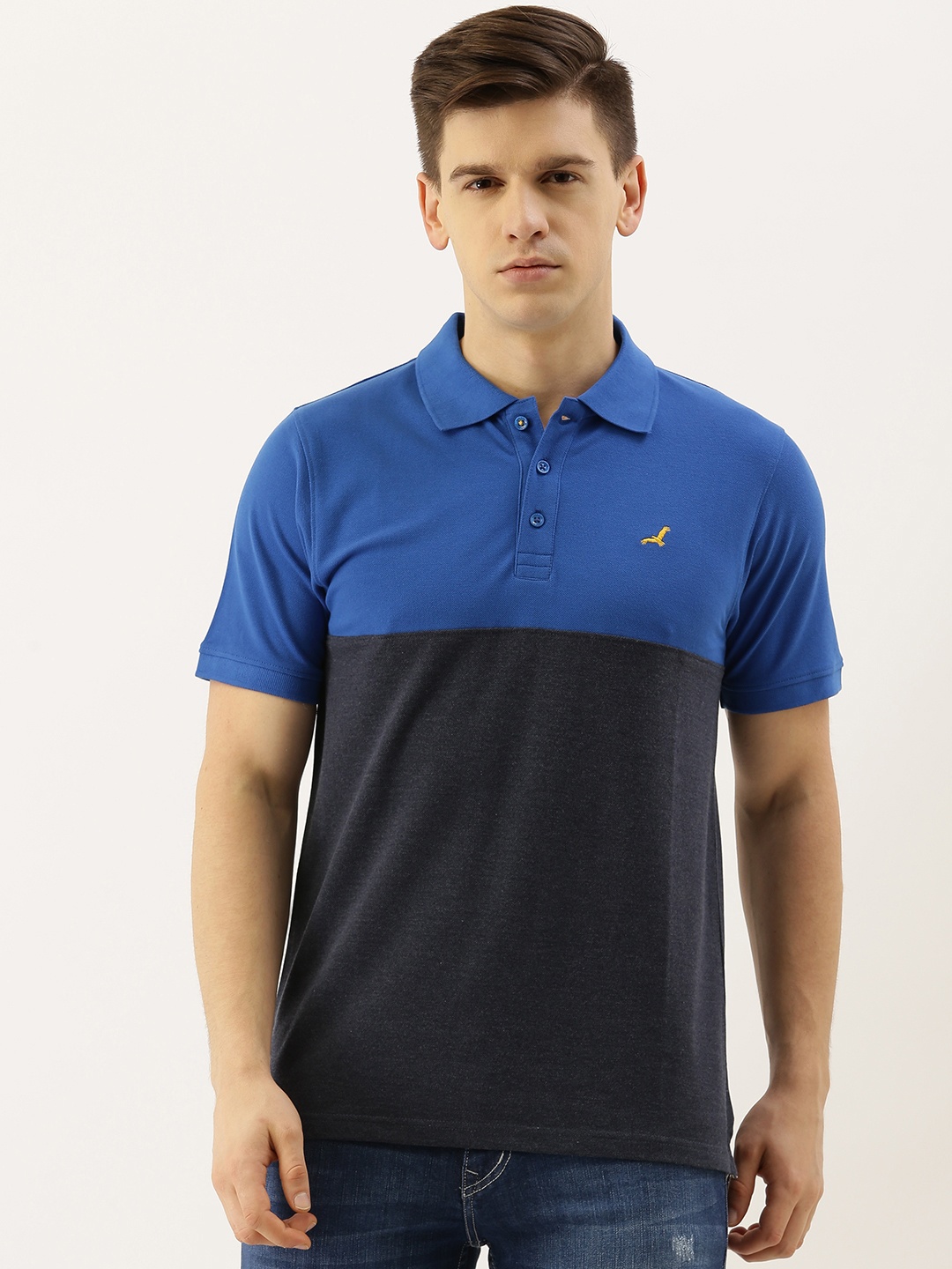 

American Crew Men Blue Colourblocked Polo Collar T-shirt