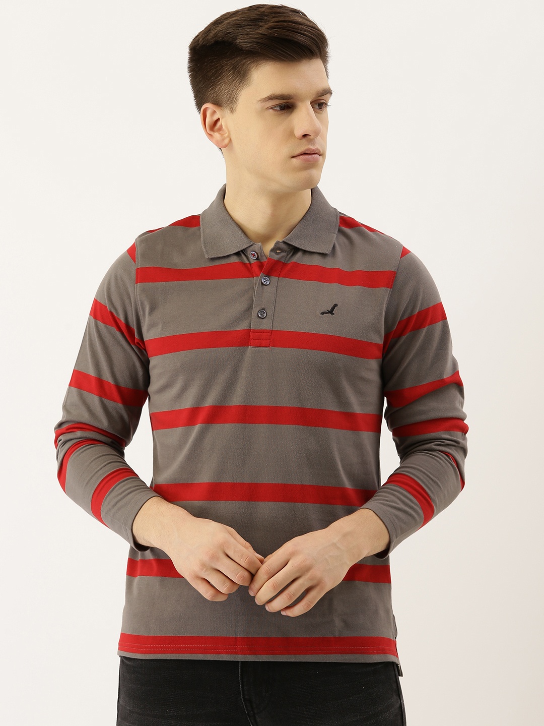 

American Crew Men Grey & Red Striped Polo Collar T-shirt