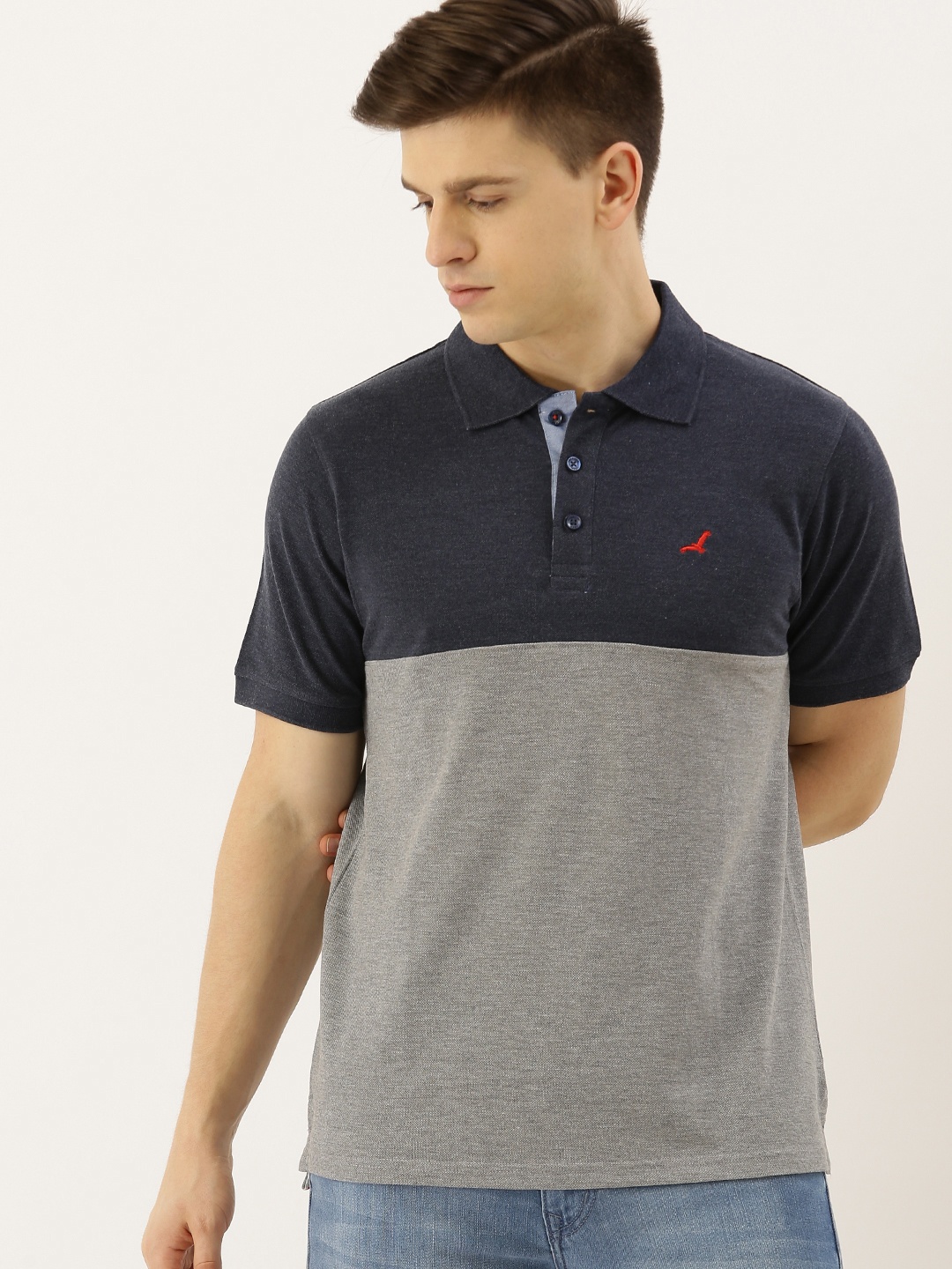 

American Crew Men Navy Blue Colourblocked Polo Collar T-shirt