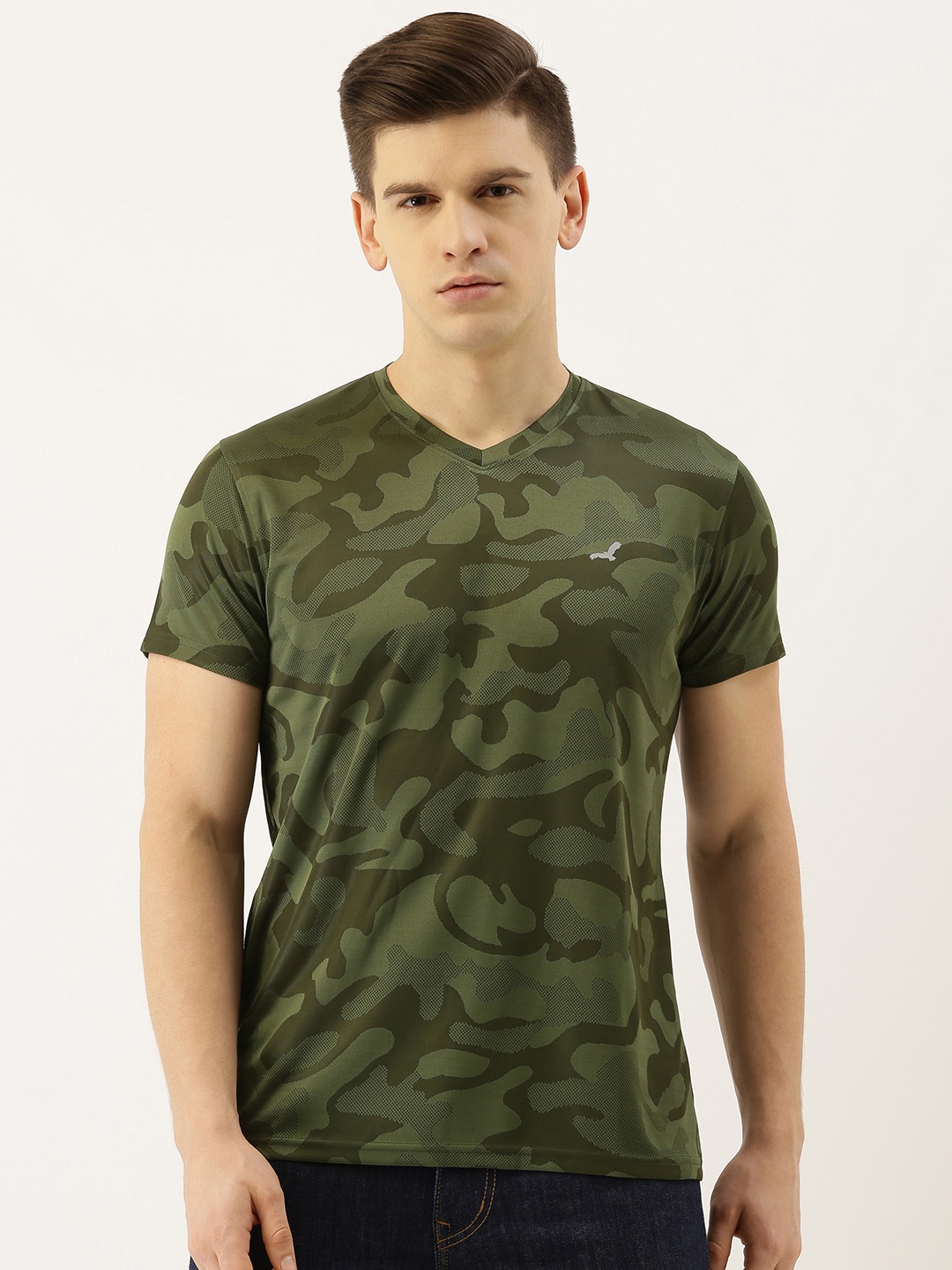 

American Crew Men Olive Green Printed V-Neck T-shirt