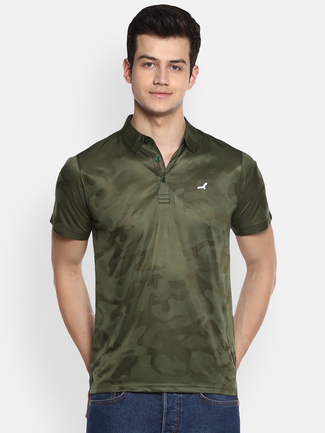 

American Crew Men Green Camouflage Printed Polo Collar T-shirt