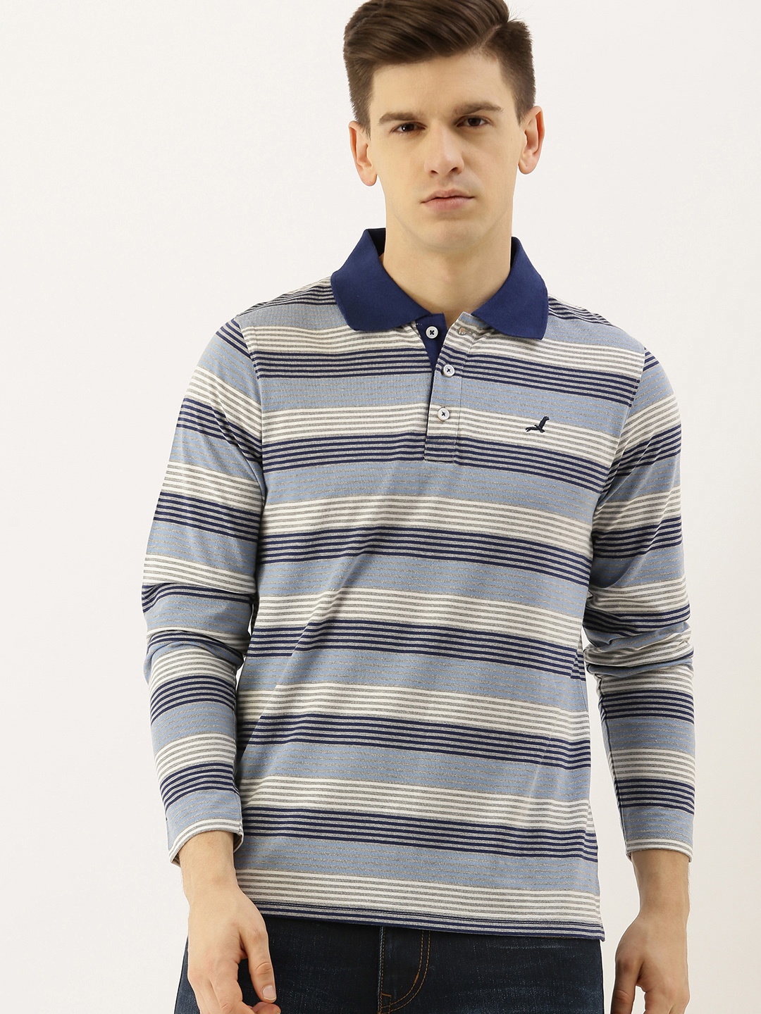 

American Crew Men Grey & Blue Striped Polo Collar T-shirt