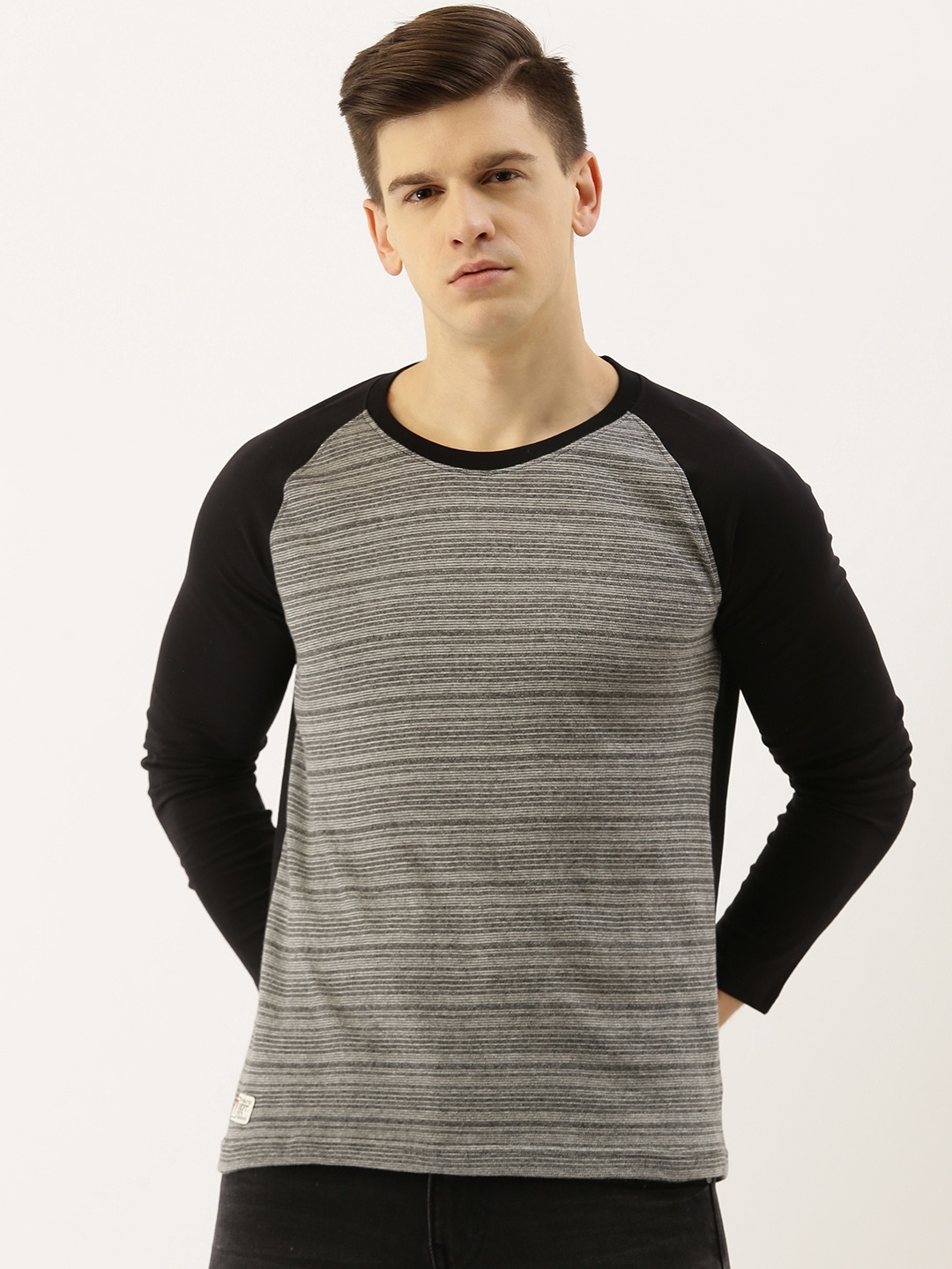 

American Crew Men Grey & Black Striped Round Neck T-shirt