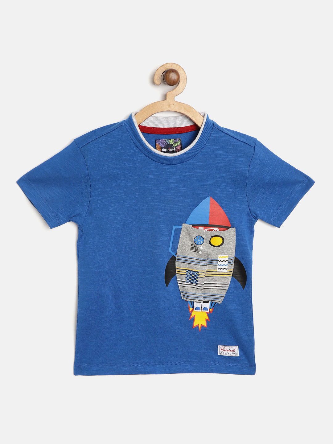 

Nauti Nati Boys Blue & Grey Melange Printed Round Neck T-shirt
