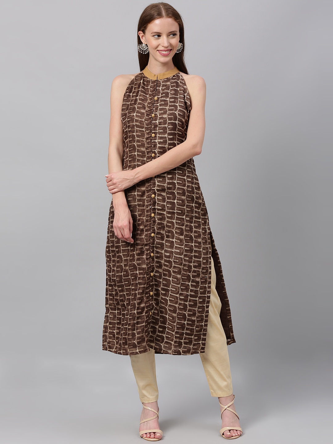 

Ethnovog Women Brown Beige Printed Made To Measure A-Line Kurta