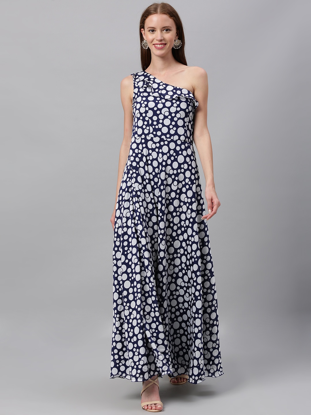 

Ethnovog Women Navy Blue White Polka Dot Printed Made To Measure Maxi Dress