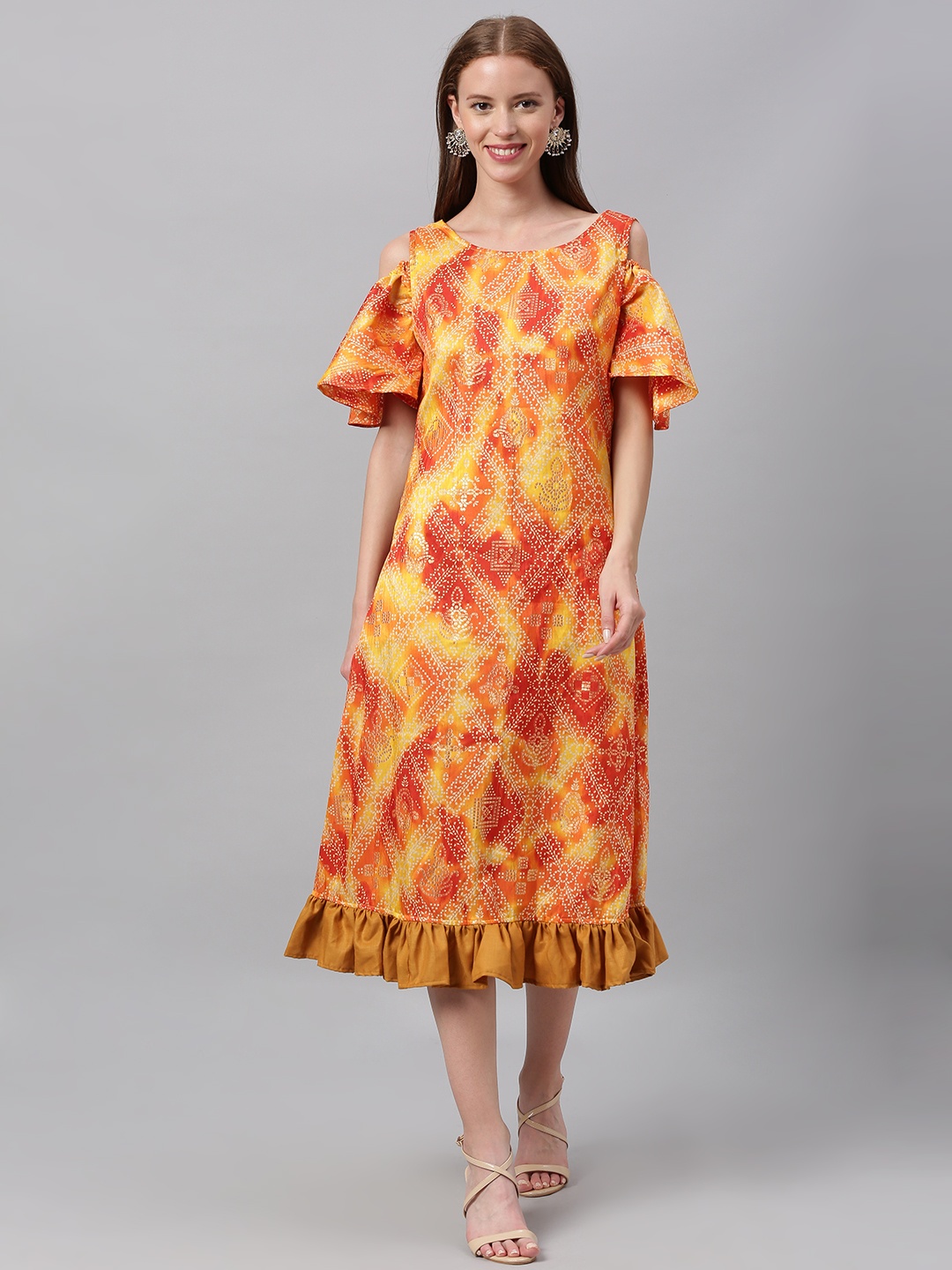 

Ethnovog Women Yellow Red Foil Printed Made To Measure Cold Shoulder A-Line Dress