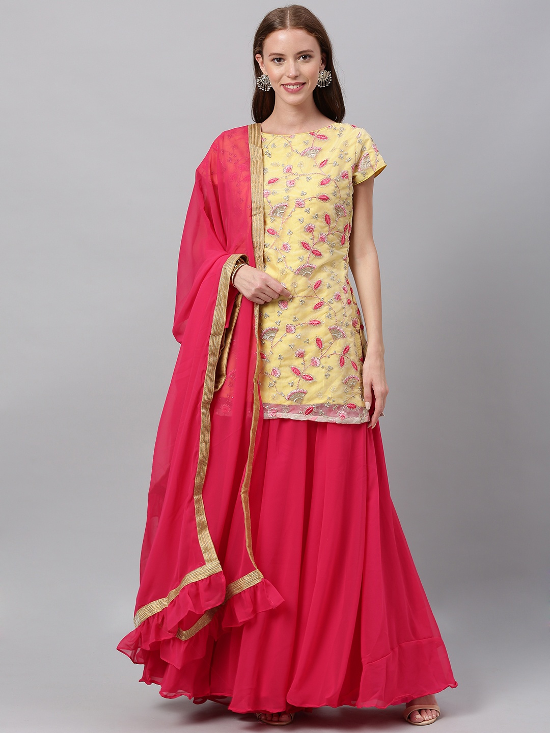 

Ethnovog Women Yellow Pink Embroidered Made To Measure Kurti Set