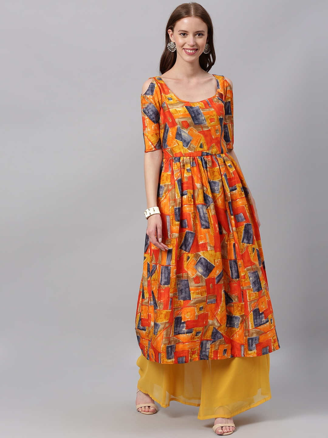 

Ethnovog Women Yellow Orange Printed Made To Measure A-Line Kurta